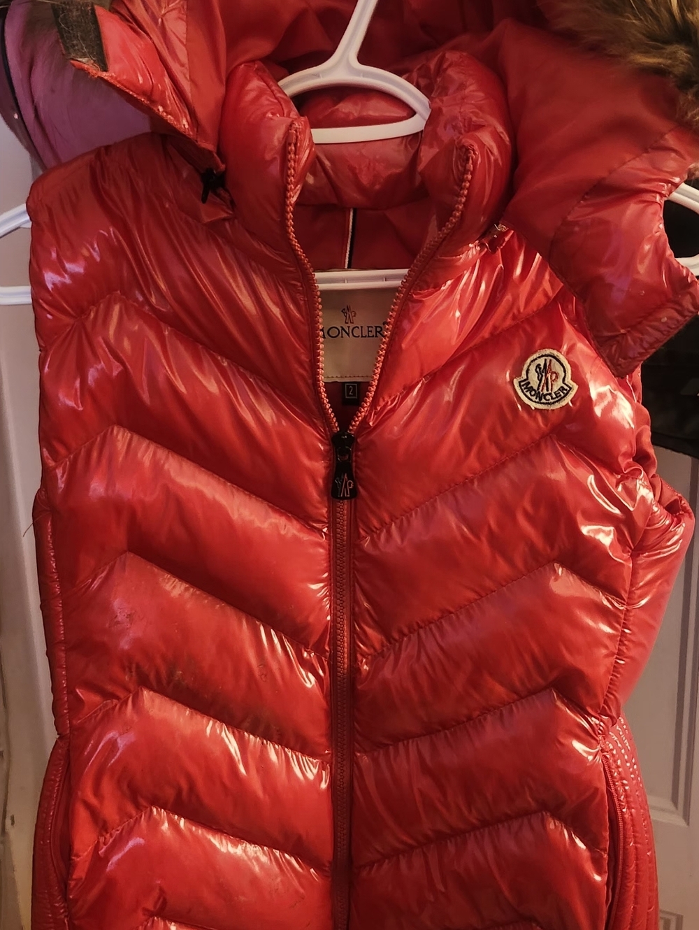 Authentic Moncler Red Puffer Vest White Branded Patch